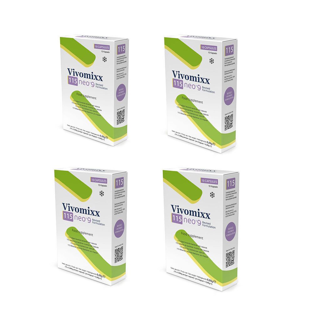 Quatre boîtes de Vivomixx neo 9 avec marquage vert et violet sur fond blanc.