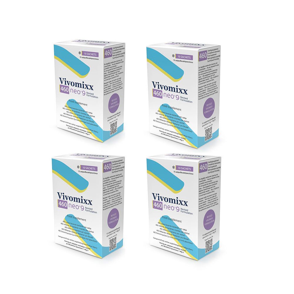 Quatre boîtes de Vivomixx neo 9 contenant 460 unités, emballage blanc avec bandes bleues et jaunes.