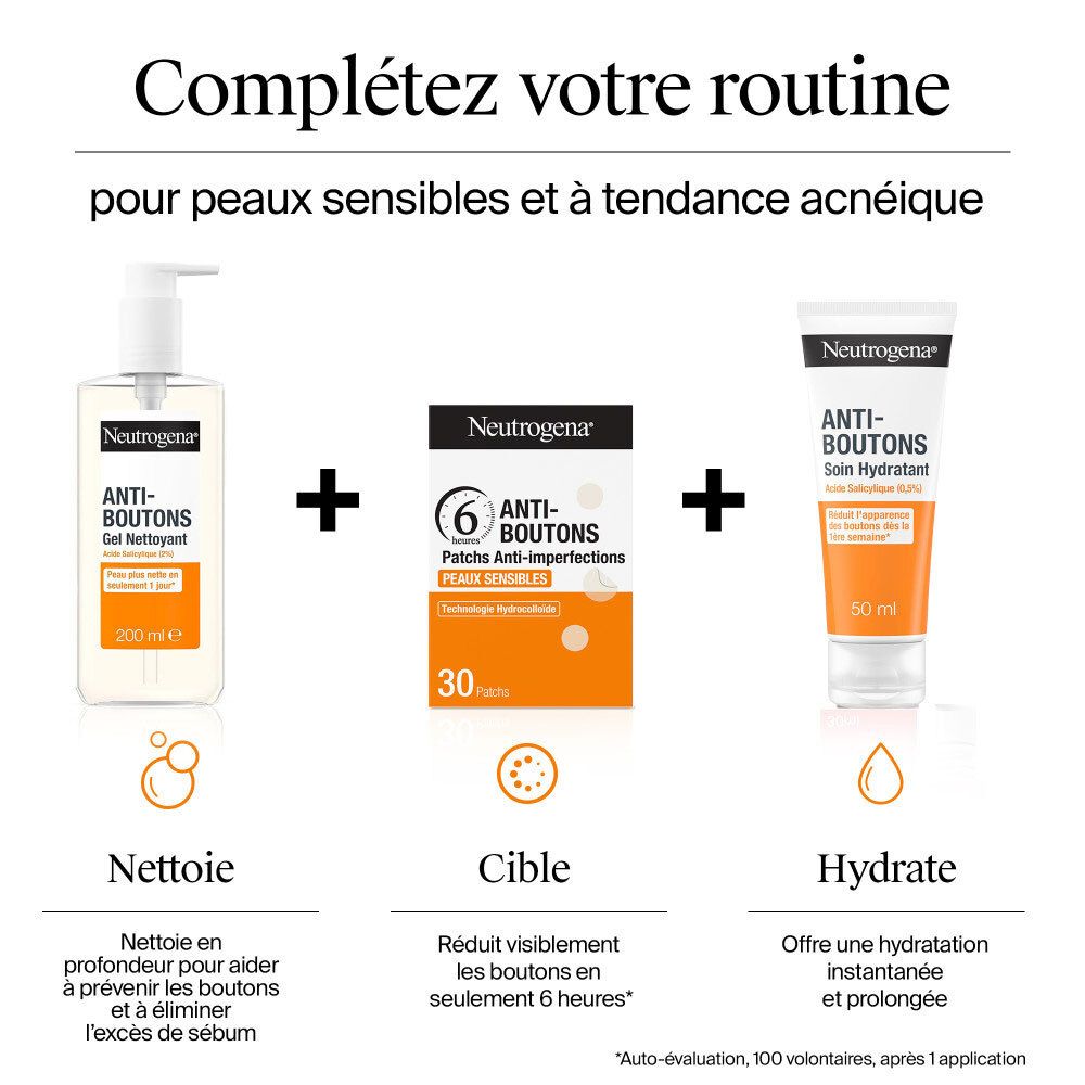 Routine Neutrogena Anti-Boutons : Gel nettoyant, 30 patchs et soin hydratant pour peaux à imperfections.