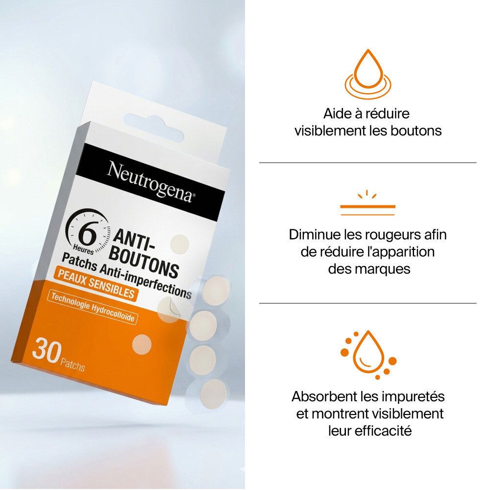 Boîte Neutrogena Anti-Boutons 30 patchs avec explications visuelles sur leur efficacité.