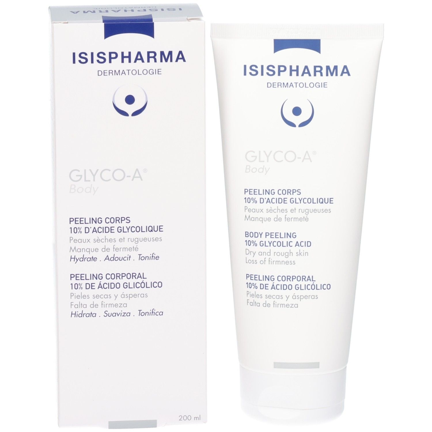 Tube et boîte Isispharma Glyco-A Body Peeling, 10% acide glycolique.