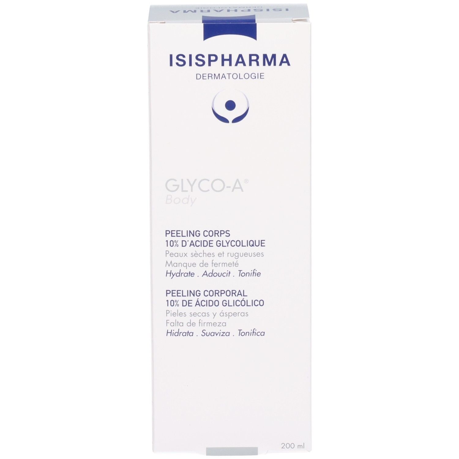 Boîte Isispharma Glyco-A Body Peeling avec informations produit et 10% d'acide glycolique.