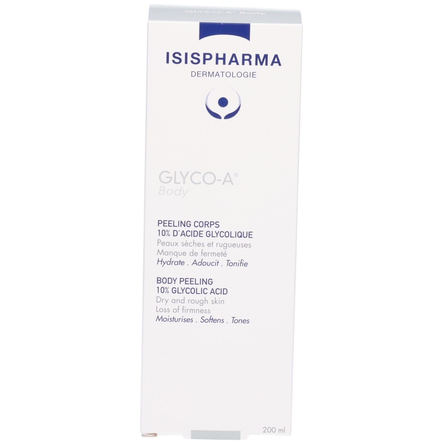 Avant de la boîte Isispharma Glyco-A Body Peeling, 10% acide glycolique.