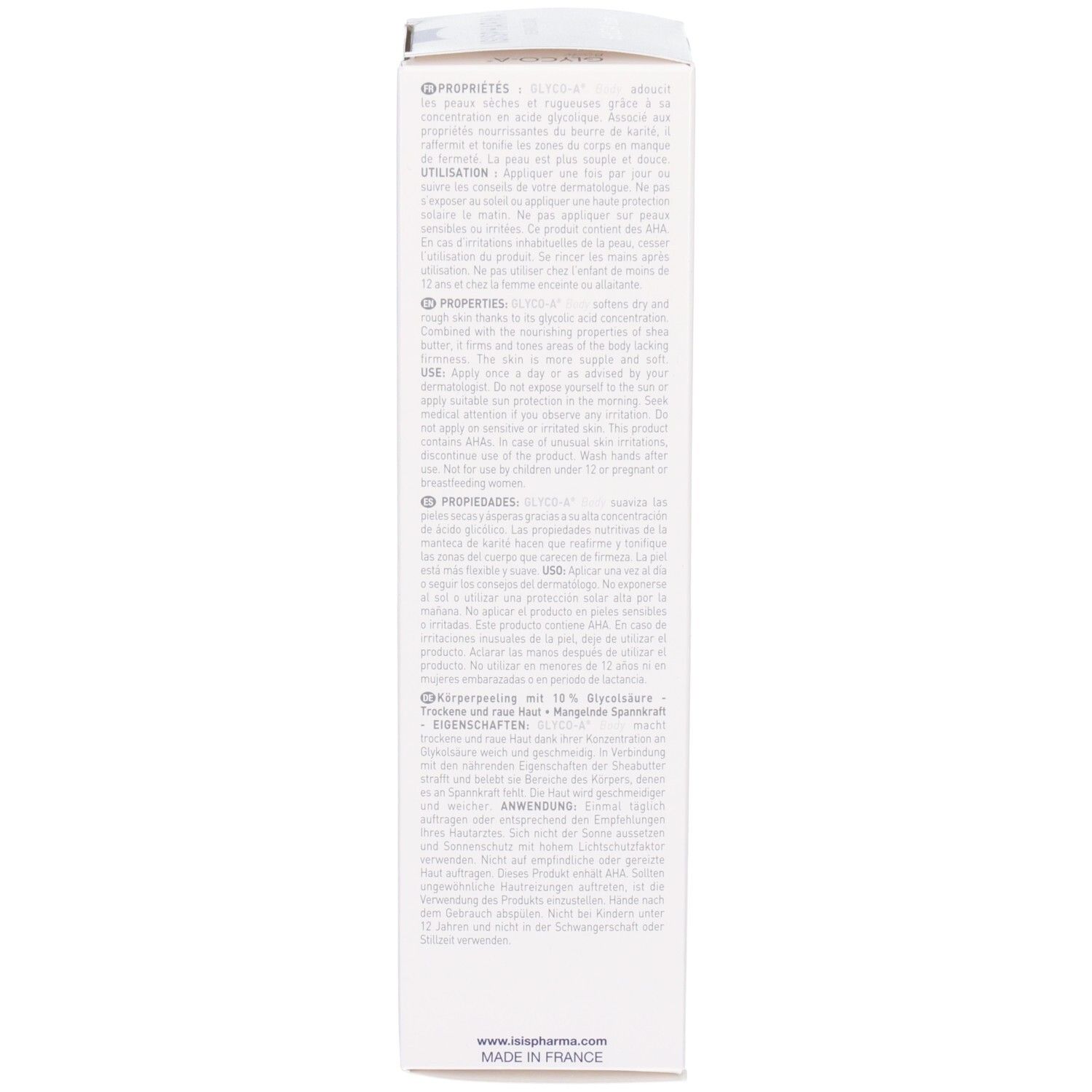 Côté de la boîte Isispharma Glyco-A Body Peeling avec instructions d'utilisation.