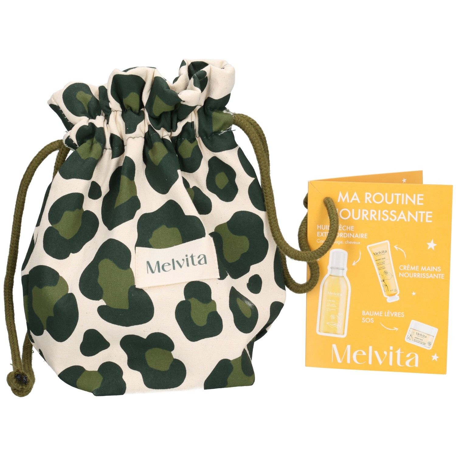 Pochette Melvita à motif léopard, cordon de serrage et notice de soin.