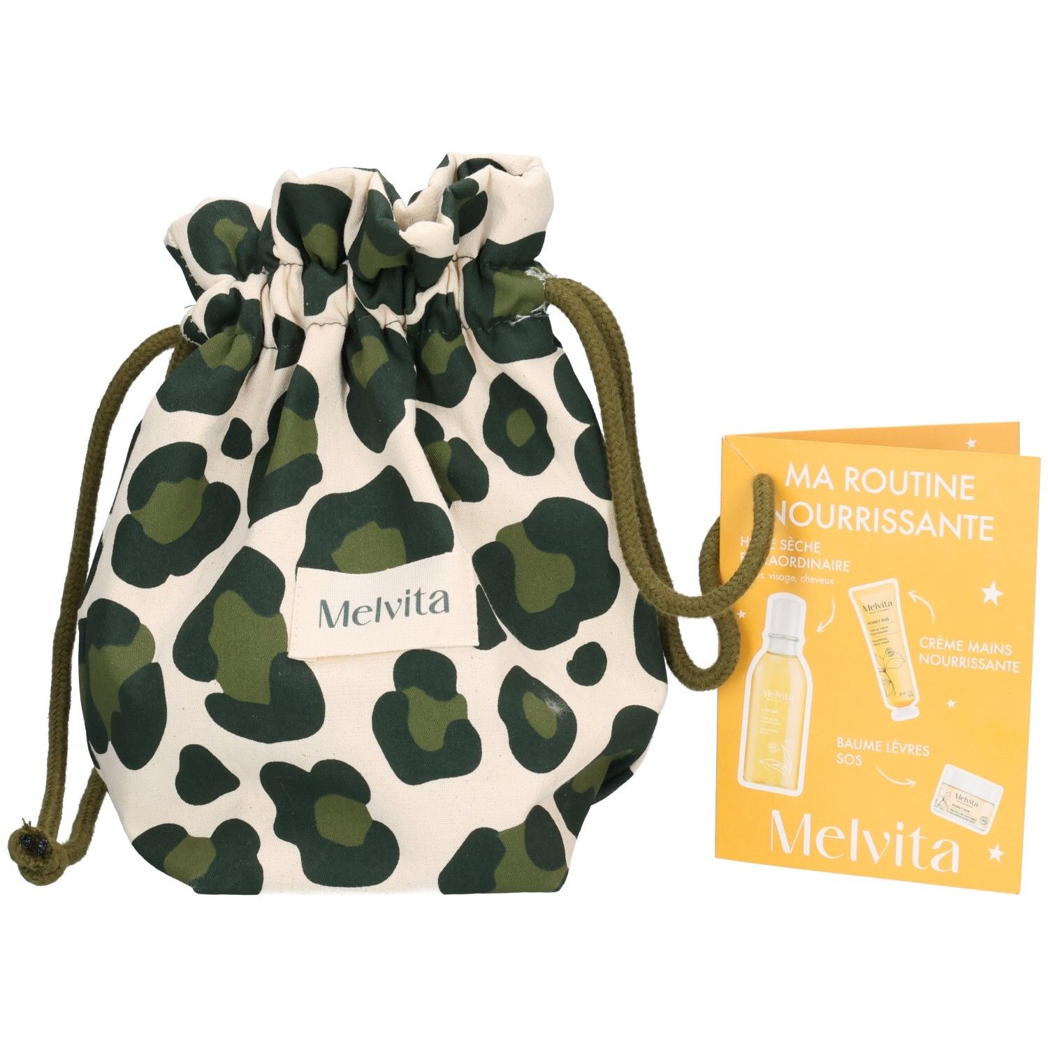 Pochette Melvita à motif léopard, cordon de serrage et notice de soin.