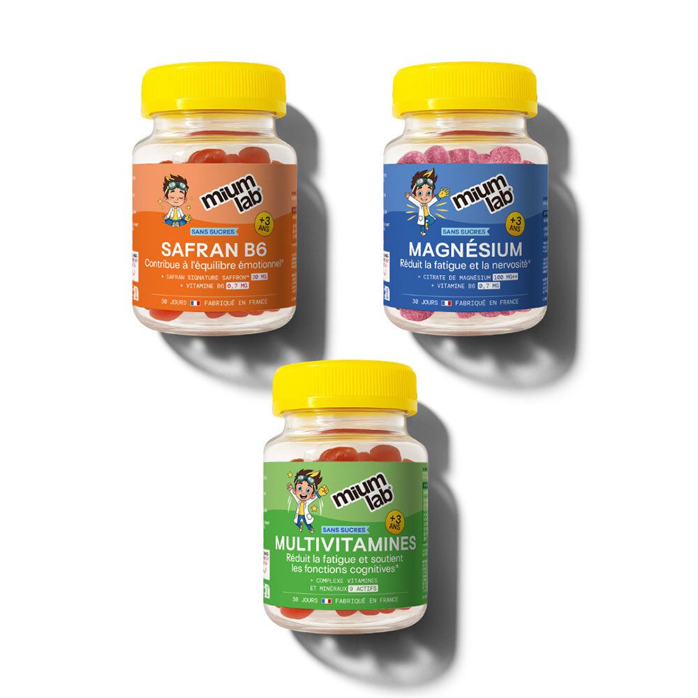 Trois flacons de compléments alimentaires Mium Lab pour enfants : Safran B6, Magnésium, Multivitamines.