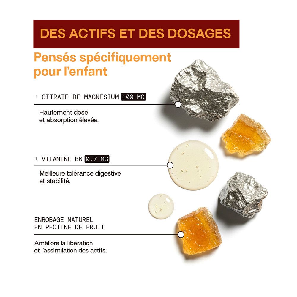 Actifs et dosages : Citrate de magnésium, Vitamine B6, enrobage naturel en pectine de fruit.