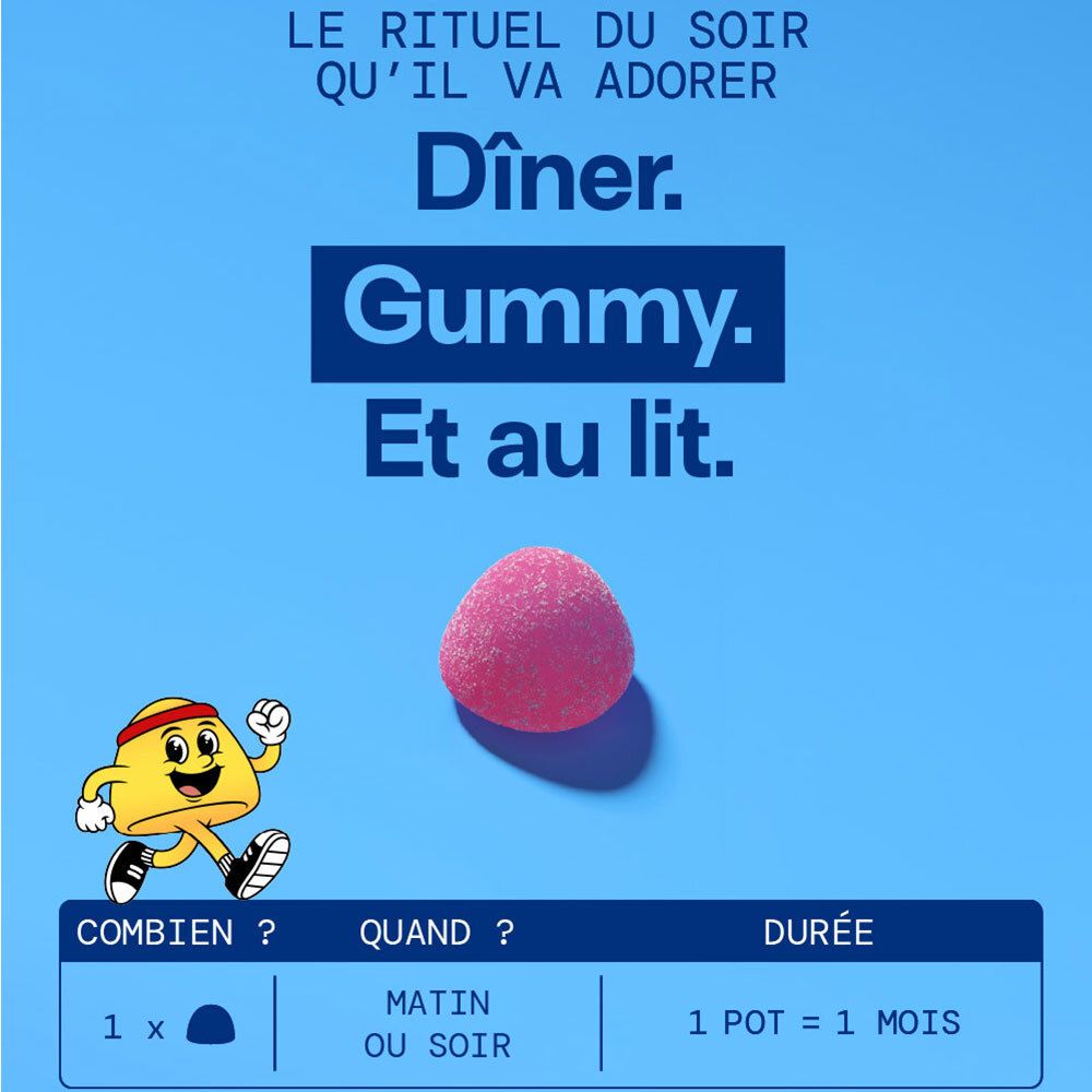 Rituel du soir : Gummy avant le coucher. Posologie : 1 pot = 1 mois.
