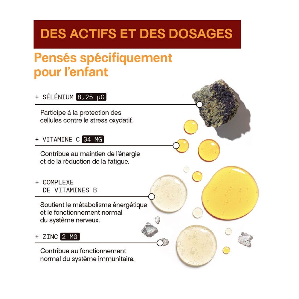 Actifs et dosages : Sélénium, Vitamine C, Complexe de vitamines B, Zinc.