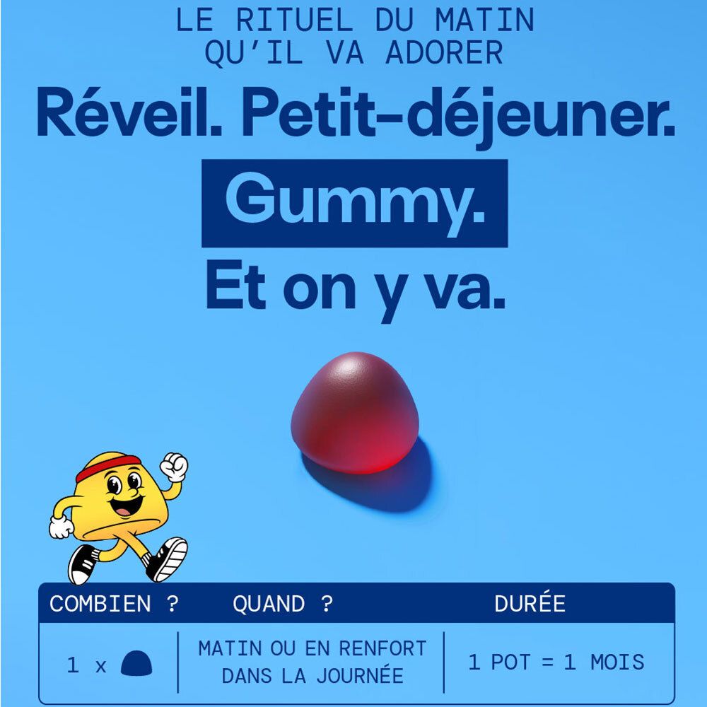 Rituel du matin : Gummy après le petit-déjeuner. Posologie : 1 pot = 1 mois.