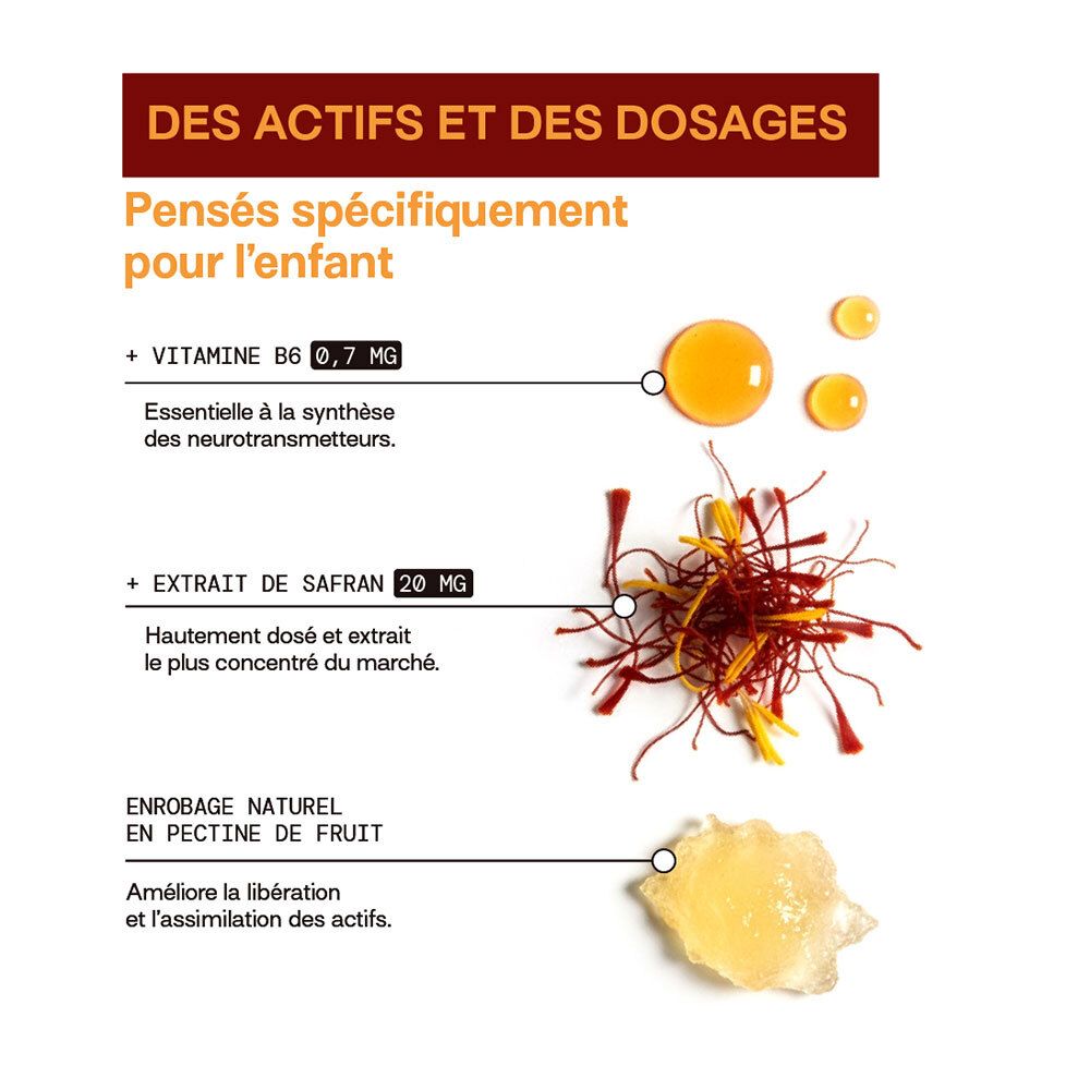Actifs et dosages : Vitamine B6, Extrait de safran, enrobage naturel en pectine de fruit.