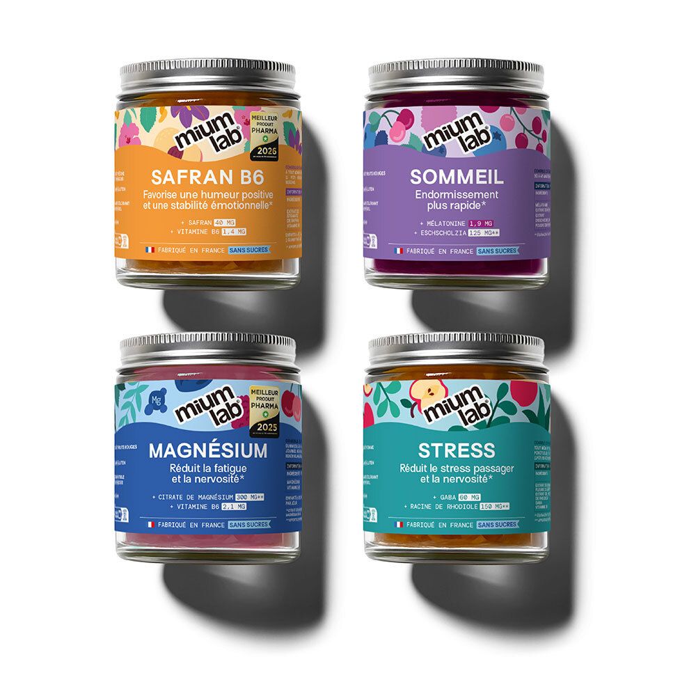 Quatre pots Mium Lab : Safran B6, Sommeil, Magnésium, Stress.