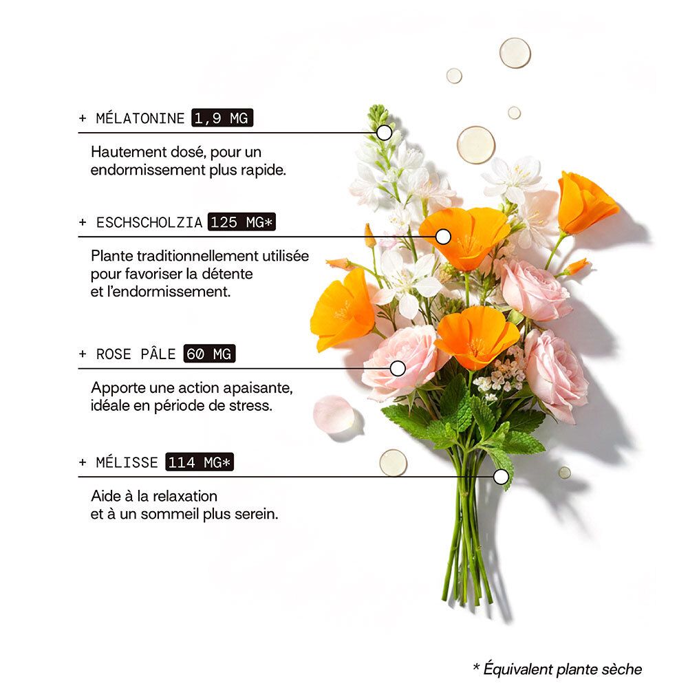 Ingrédients : Mélatonine, Eschscholzia, Rose, Mélisse pour la détente.