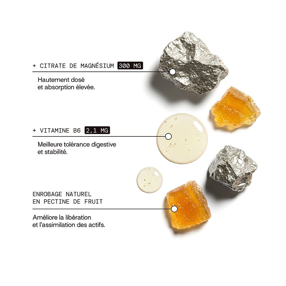 Ingrédients : Citrate de magnésium, vitamine B6, enrobage pectine de fruit.