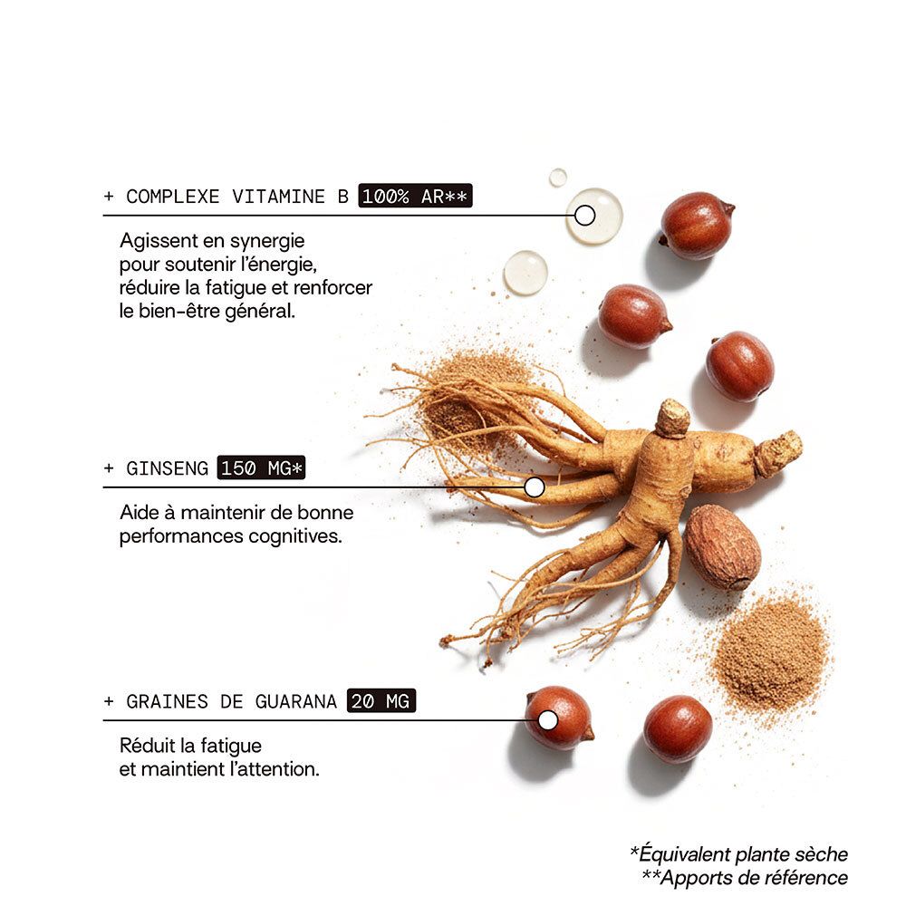 Ingrédients pour l'énergie : Complexe Vitamine B, Ginseng, Guarana.