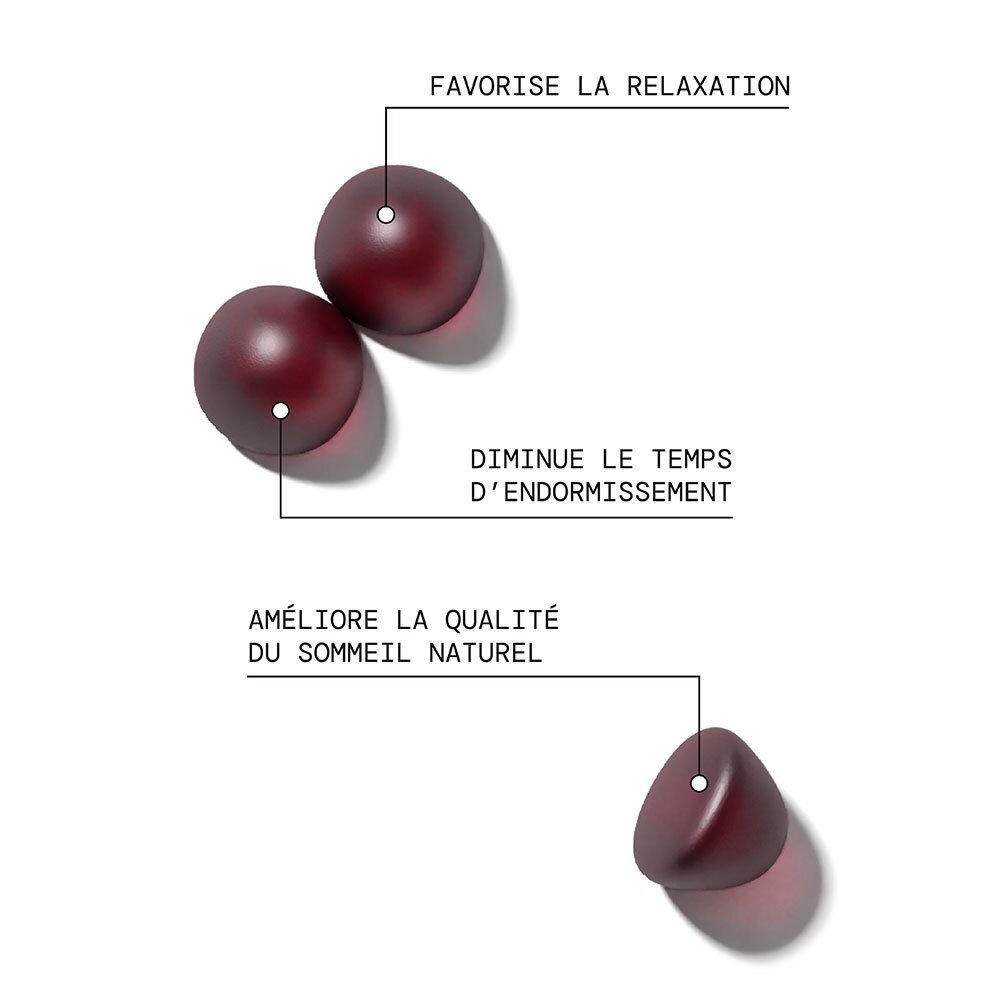 Deux bonbons gélifiés rouge foncé favorisant la relaxation et le sommeil.