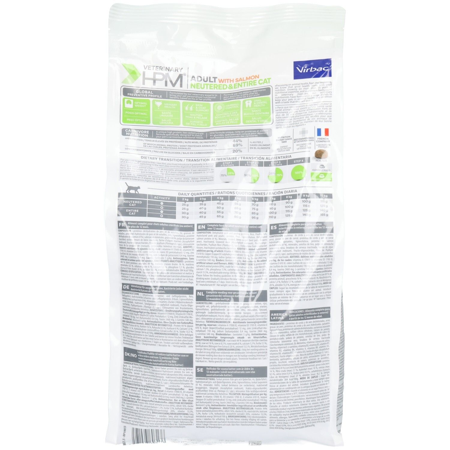 Arrière d'un sac VETERINARY HPM alimentation chat avec informations nutritionnelles et recommandations d'alimentation.