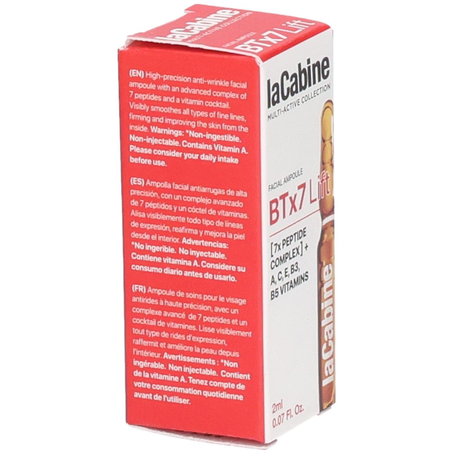 Ampoule visage LaCabine BTx7 Lift. Dos avec description du produit et instructions.