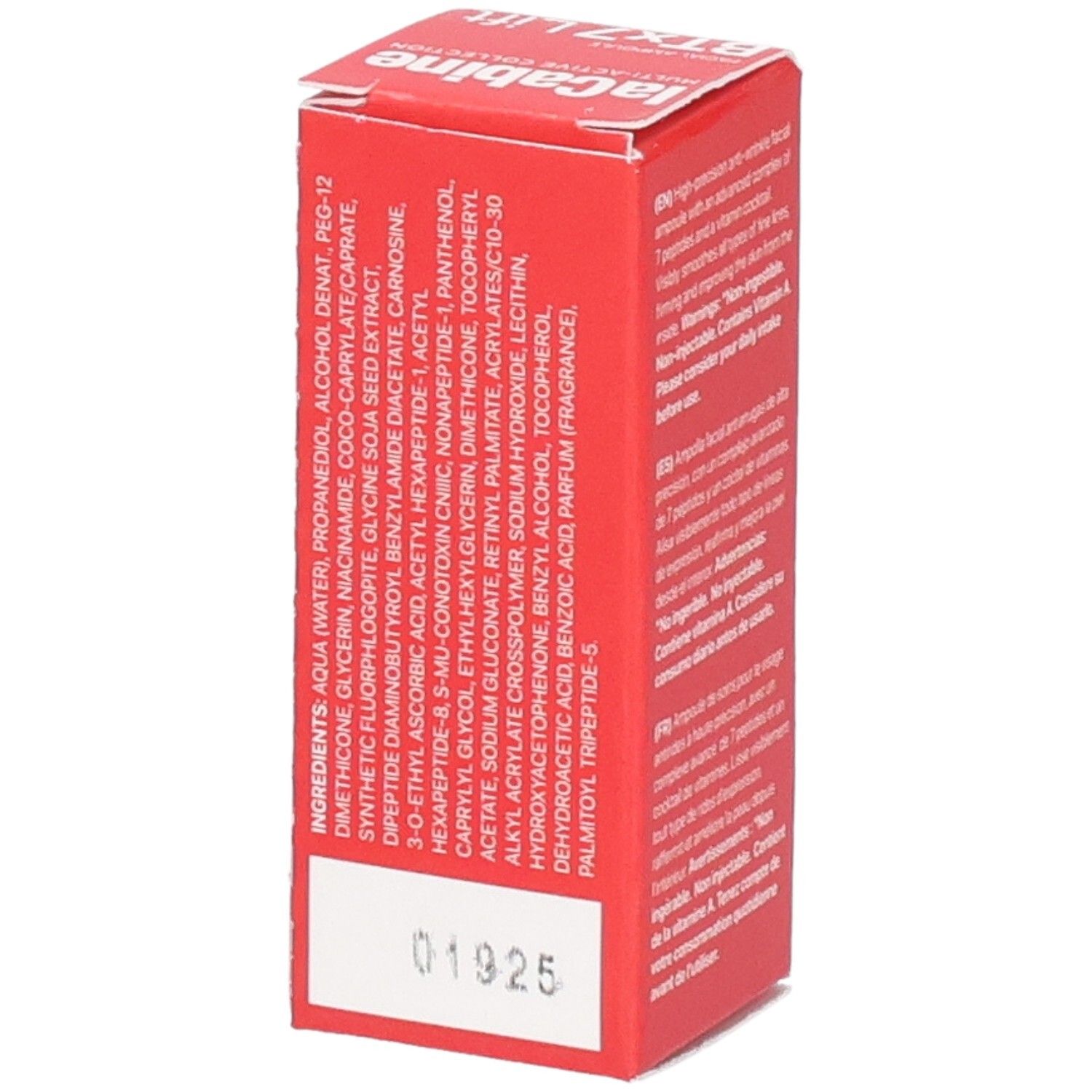 Ampoule visage LaCabine BTx7 Lift. Vue latérale avec liste des ingrédients.