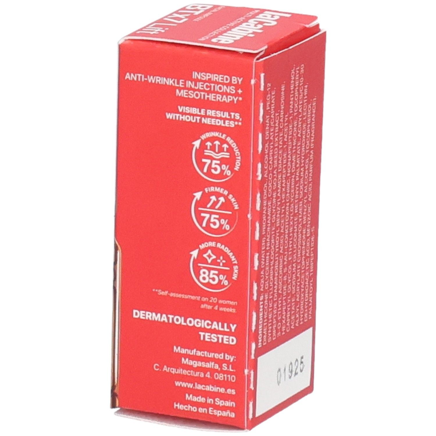 Ampoule visage LaCabine BTx7 Lift. Côté avec résultats de tests et informations fabricant.