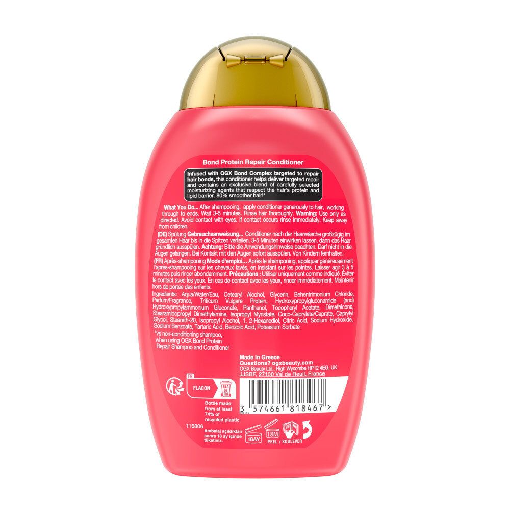 Arrière d'une bouteille rouge OGX Bond Protein Repair Conditioner avec informations produit et ingrédients.