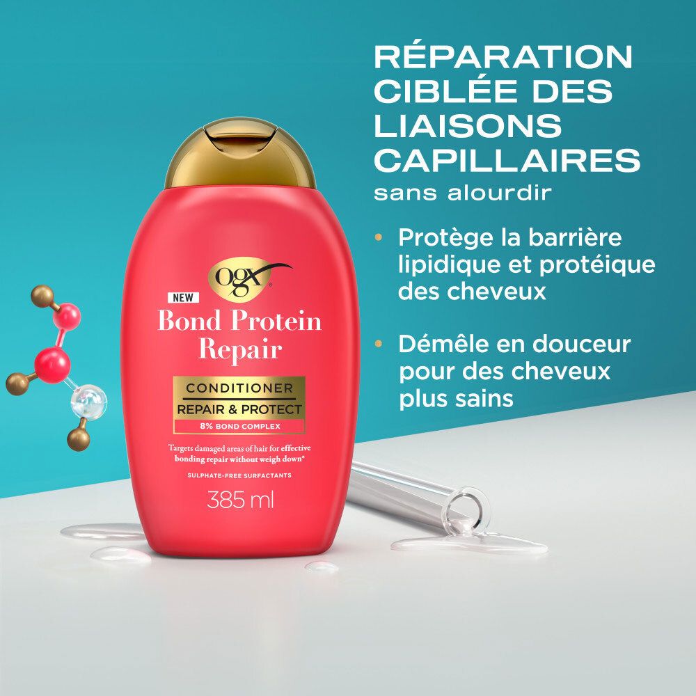 Bouteille rouge OGX Bond Protein Repair Conditioner avec modèle moléculaire et tube en verre. 385 ml.