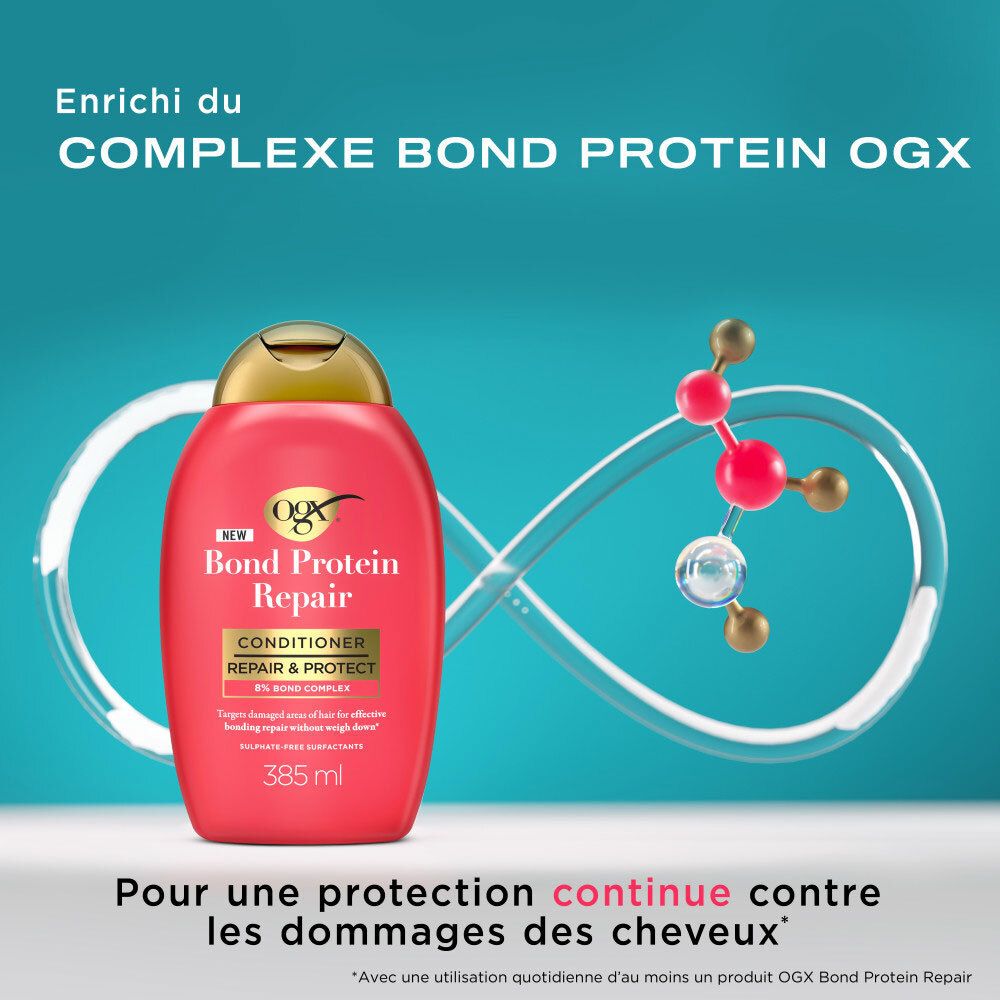 Bouteille rouge OGX Bond Protein Repair Conditioner avec modèle moléculaire et symbole d'infini. 385 ml.