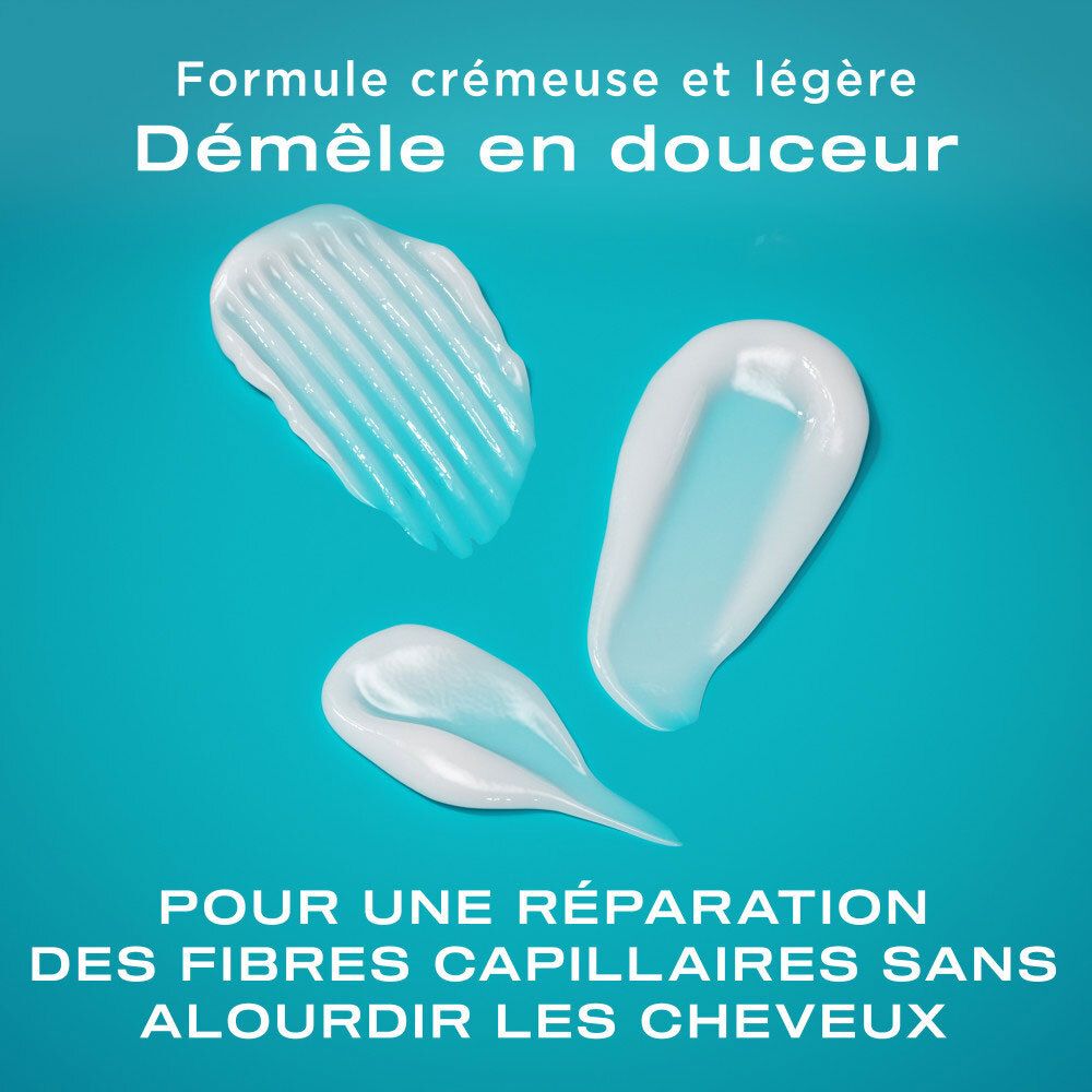 Trois échantillons de conditionneur OGX Bond Protein Repair : crémeux, léger et lisse.