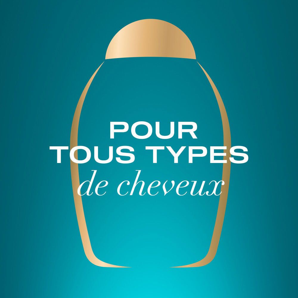 Silhouette d'une bouteille avec le texte 'Pour tous types de cheveux'.
