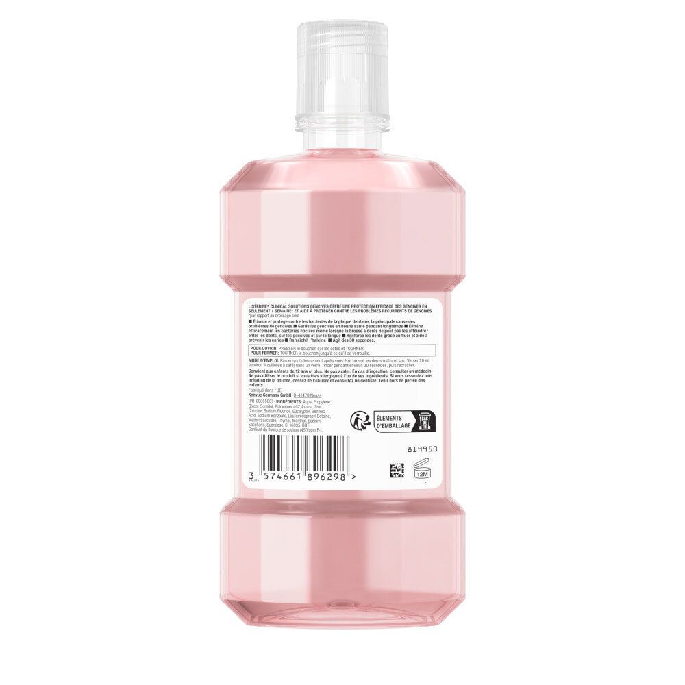 Arrière de la bouteille Listerine Clinical Solutions Gencives Bain de Bouche avec code-barres et ingrédients.