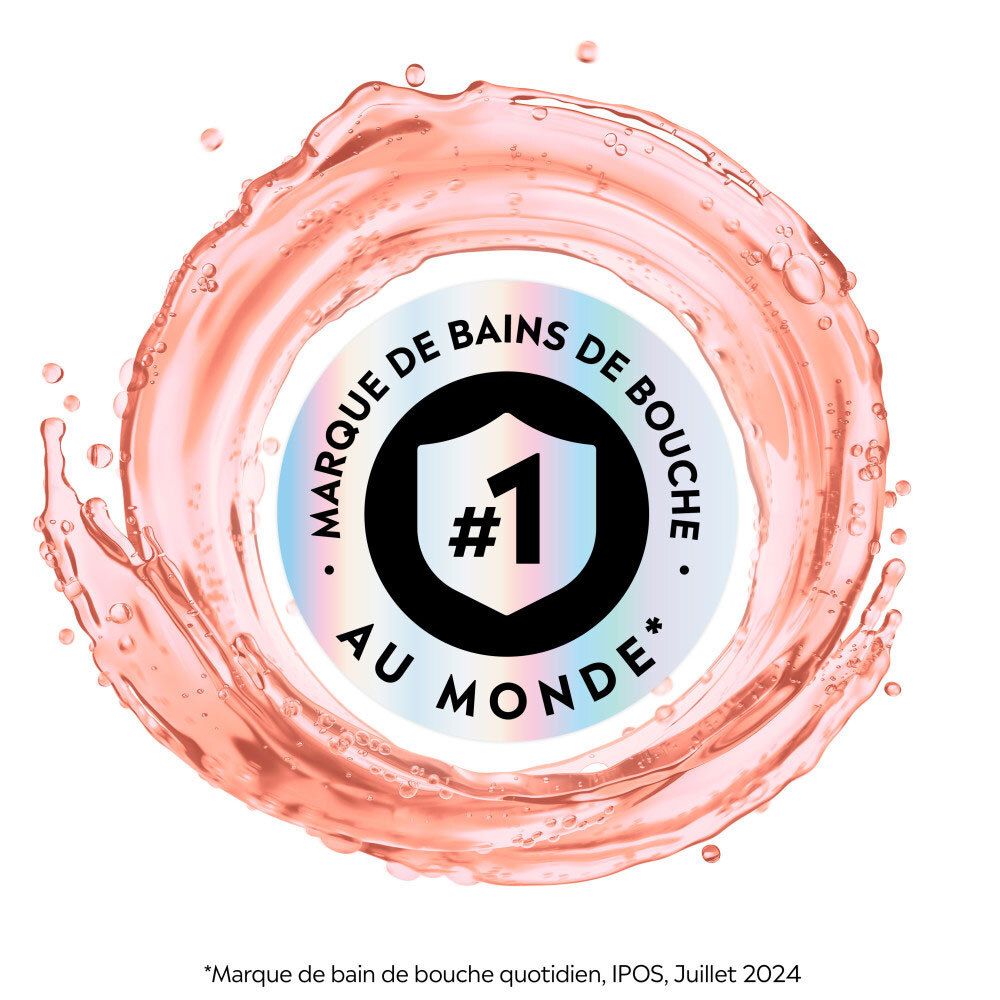 Logo "Marque N°1 de bains de bouche au monde" sur un cercle de liquide.