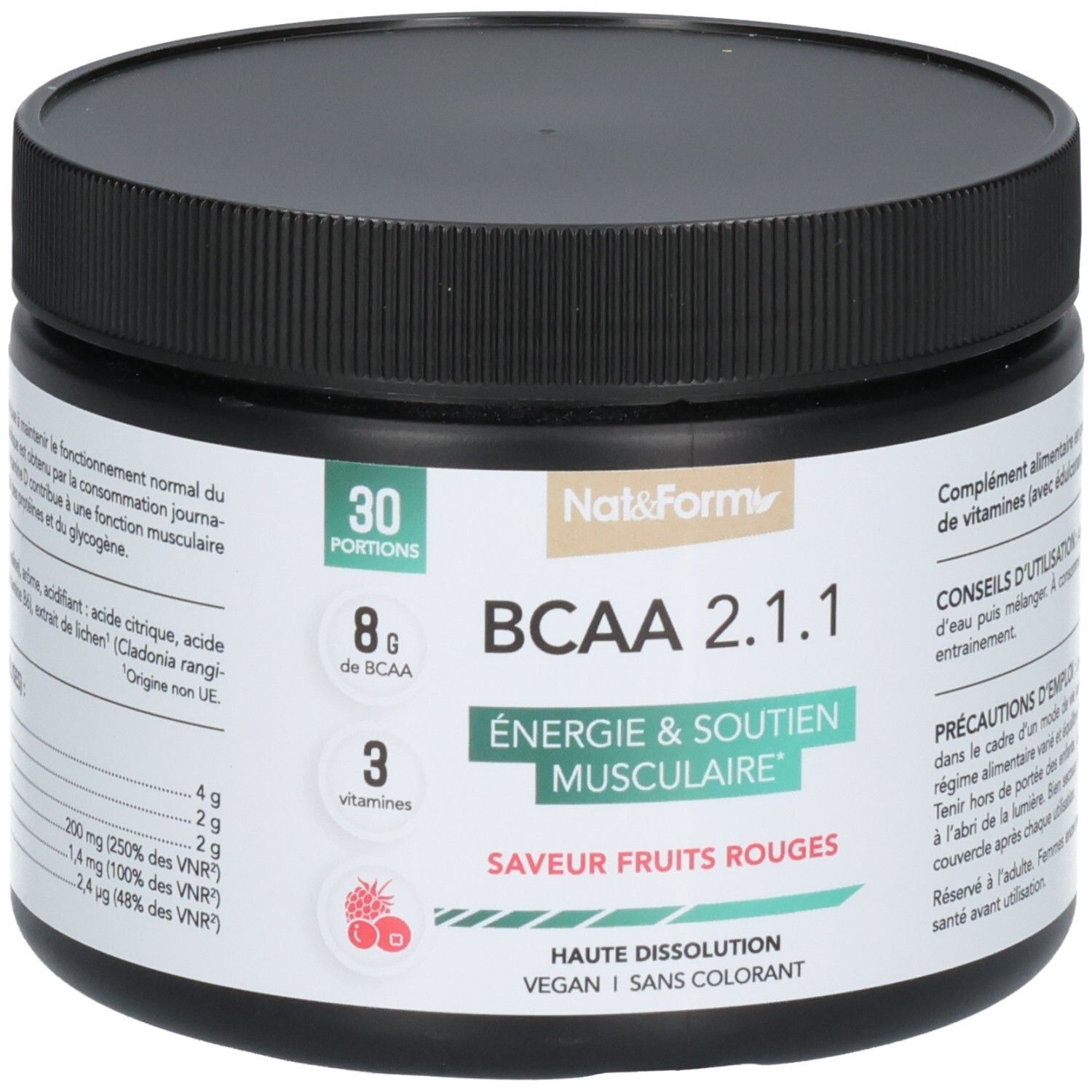 Pot noir de poudre BCAA 2.1.1 saveur fruits rouges. 30 portions, 8g BCAA, 3 vitamines.