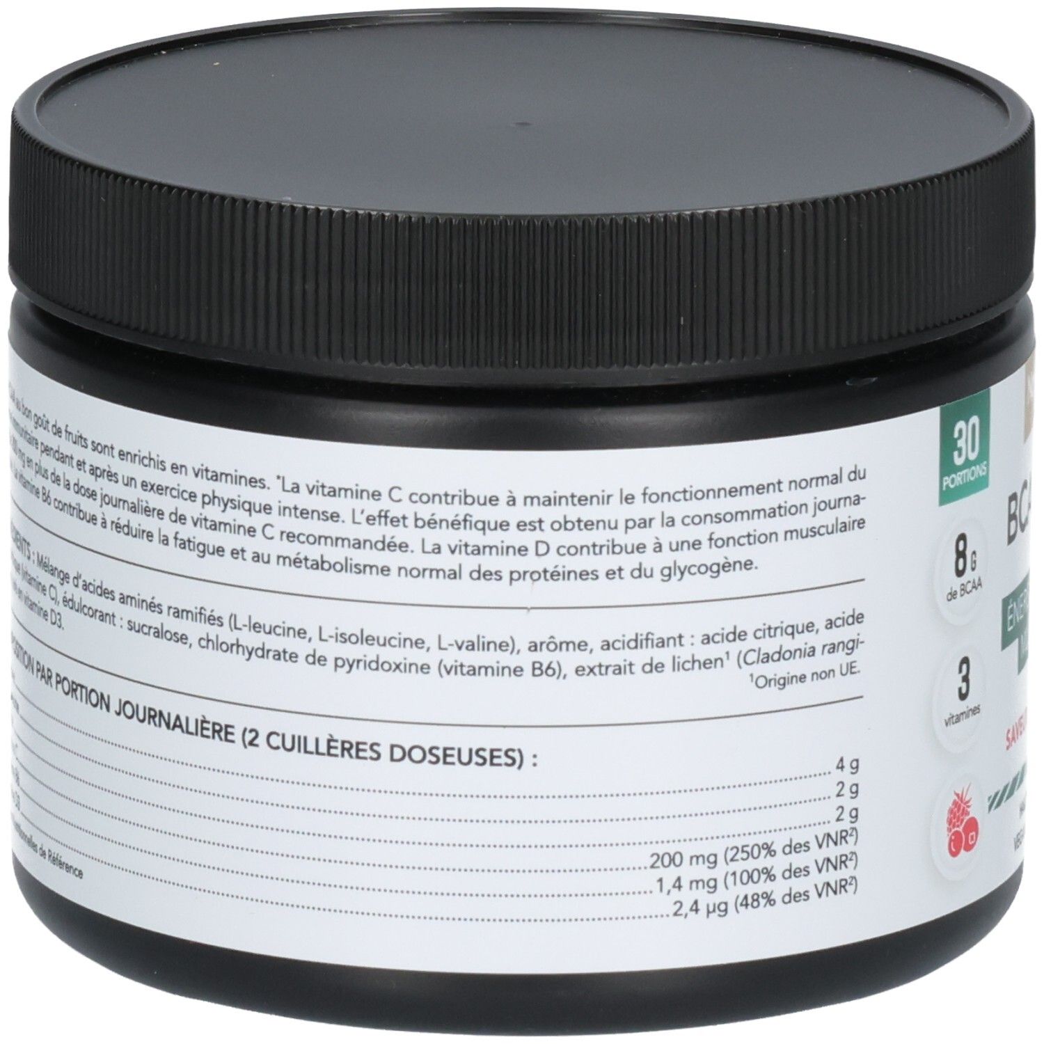 Arrière d'un pot noir de poudre BCAA 2.1.1. Contient informations nutritionnelles et ingrédients.