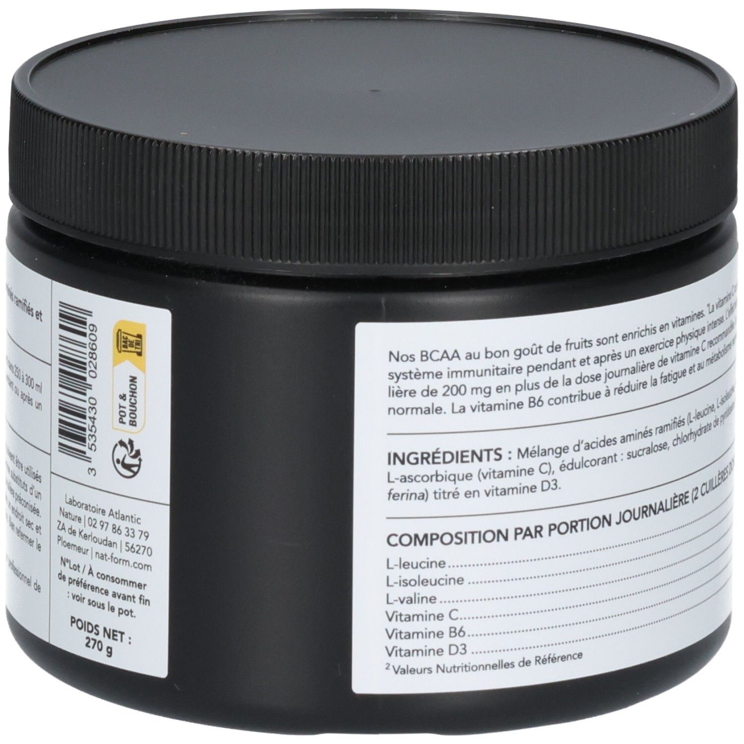Côté d'un pot noir de poudre BCAA 2.1.1. Contient code-barres et informations fabricant.