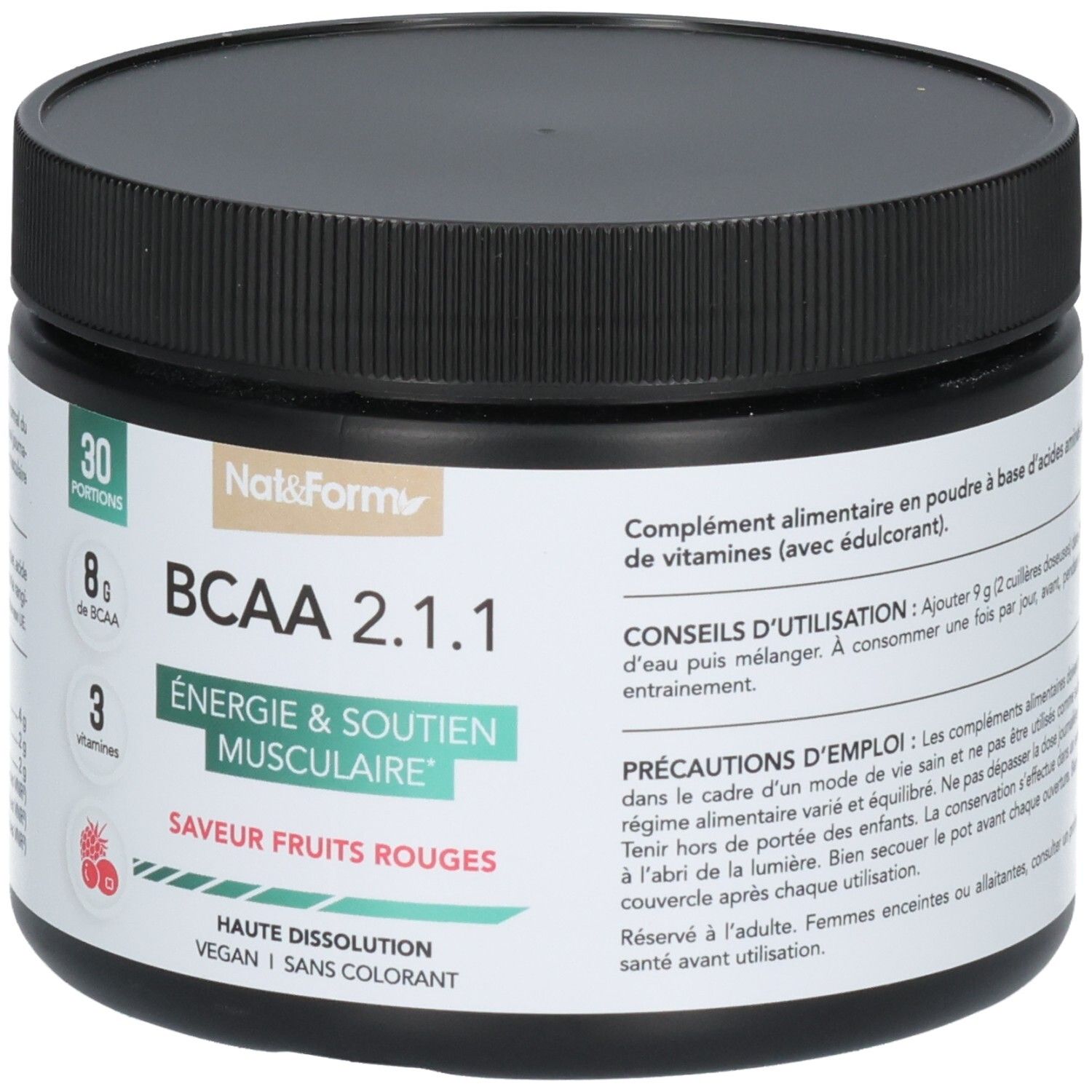 Avant d'un pot noir de poudre BCAA 2.1.1 saveur fruits rouges. Énergie & Soutien Musculaire.