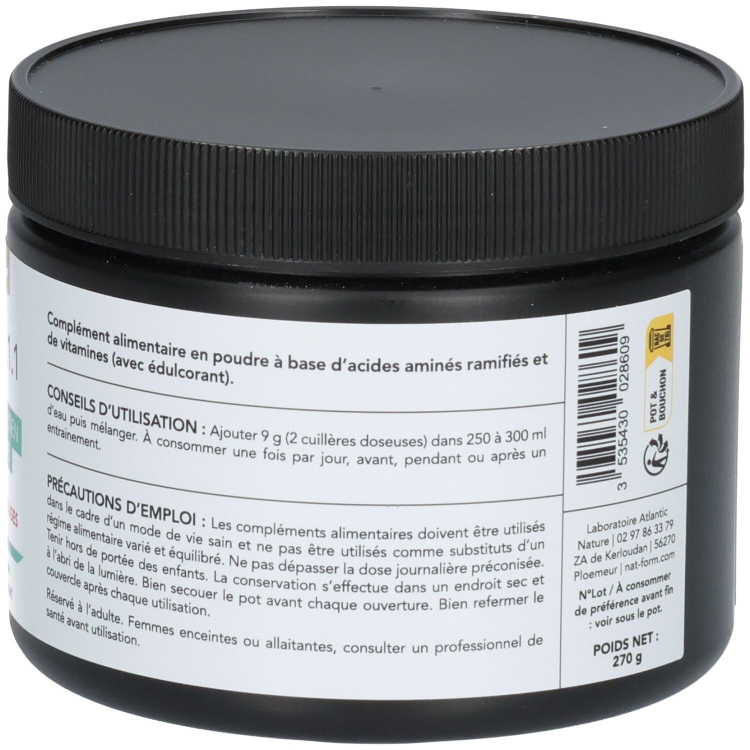 Arrière d'un pot noir de poudre BCAA 2.1.1. Contient conseils d'utilisation et précautions.