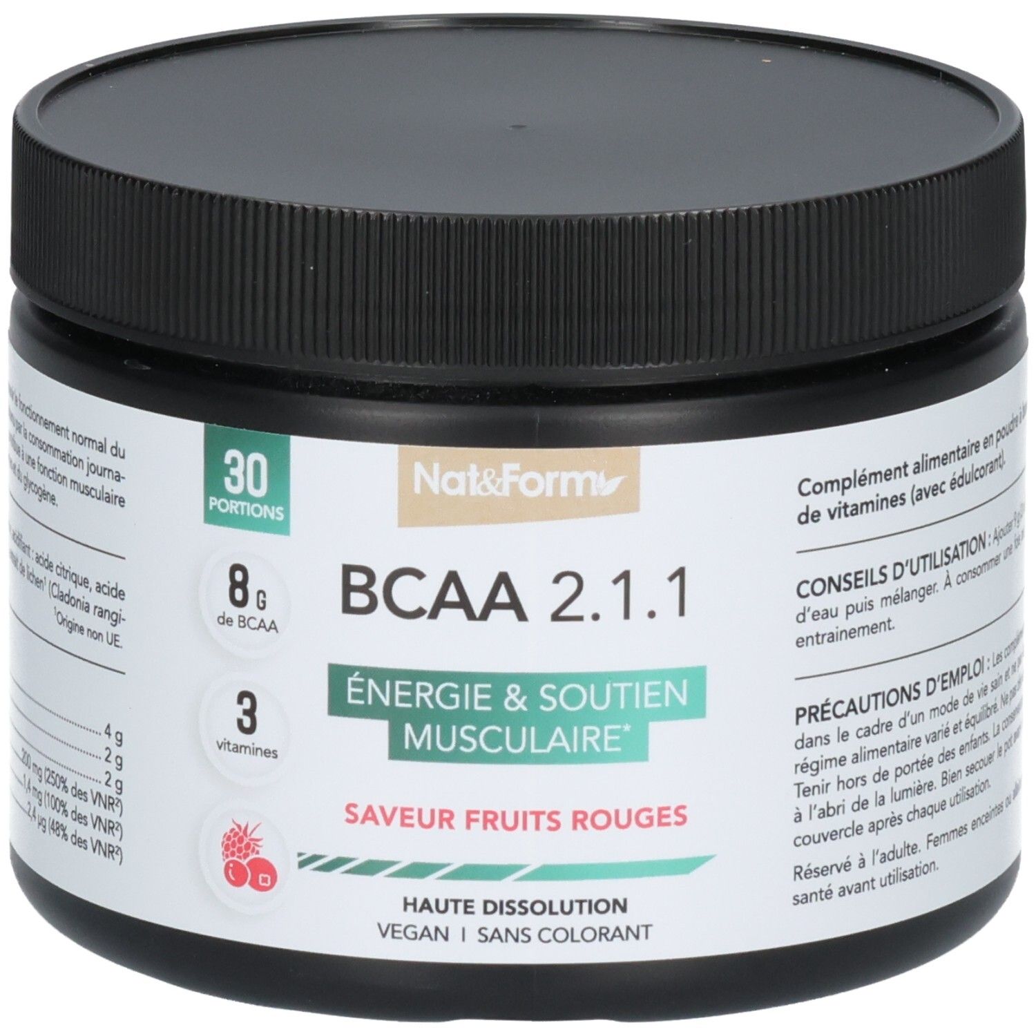 Pot noir de poudre BCAA 2.1.1 saveur fruits rouges. Énergie & Soutien Musculaire, vegan.