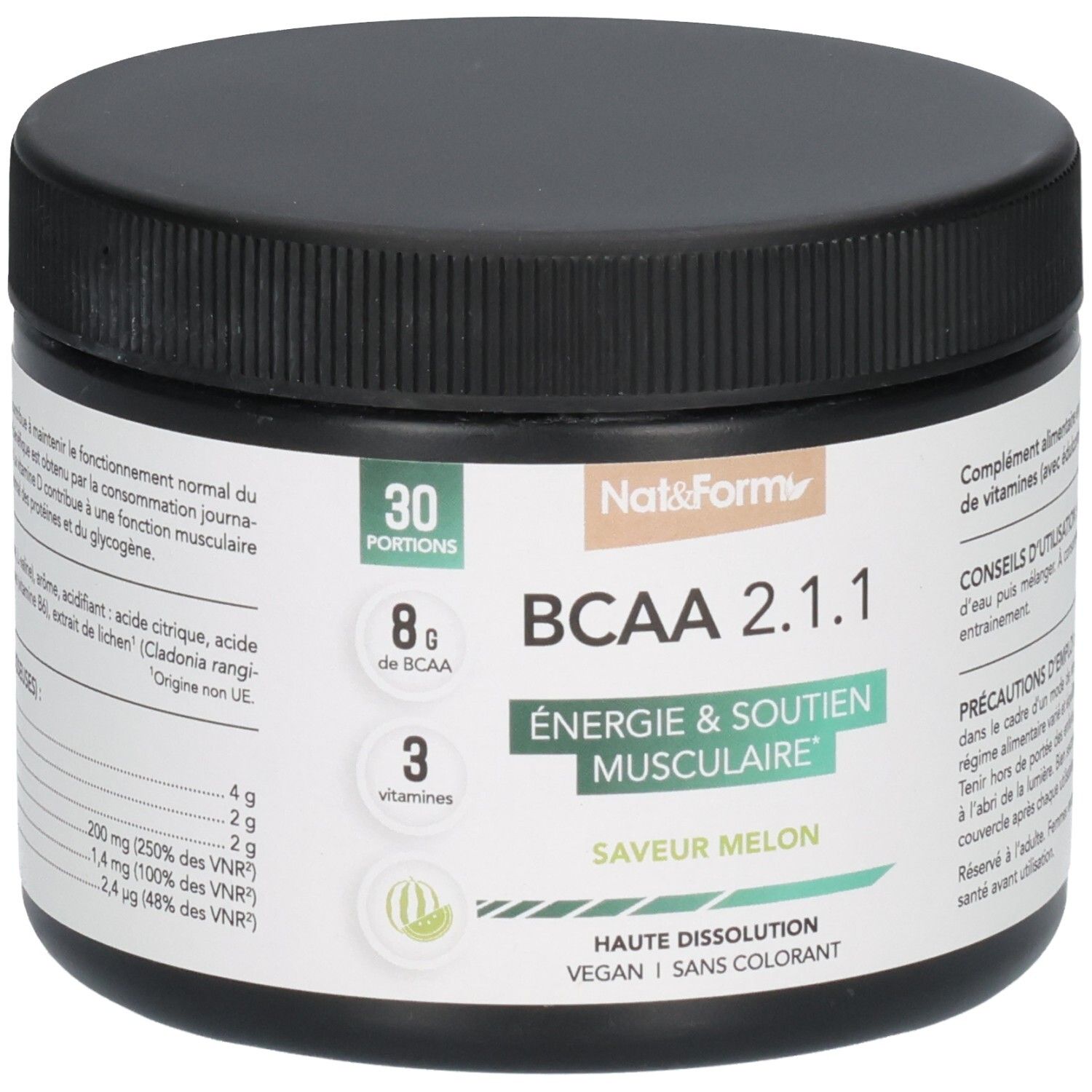 Poudre BCAA 2.1.1 Melon en pot noir, 30 portions, 8g de BCAA et 3 vitamines.