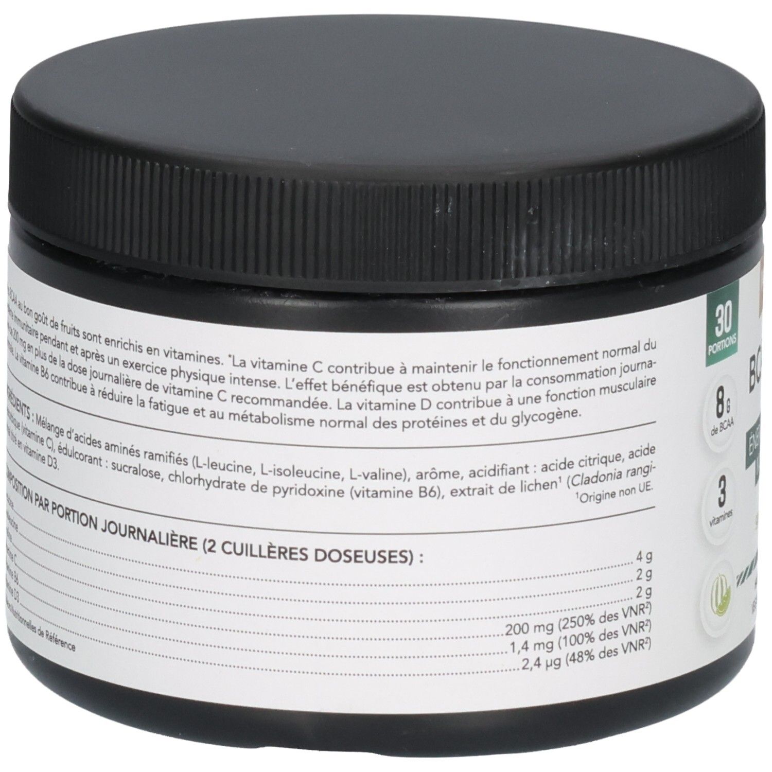 Arrière d'un pot de poudre BCAA 2.1.1 Melon avec informations nutritionnelles et ingrédients.