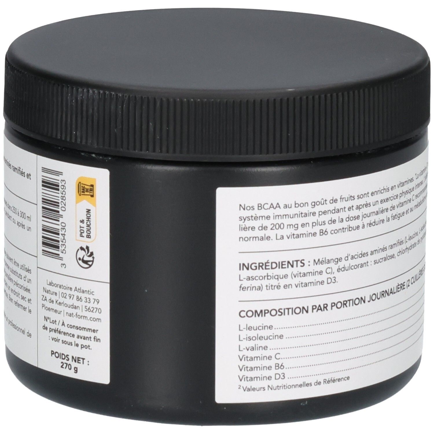 Côté d'un pot de poudre BCAA 2.1.1 Melon avec code-barres et informations produit.