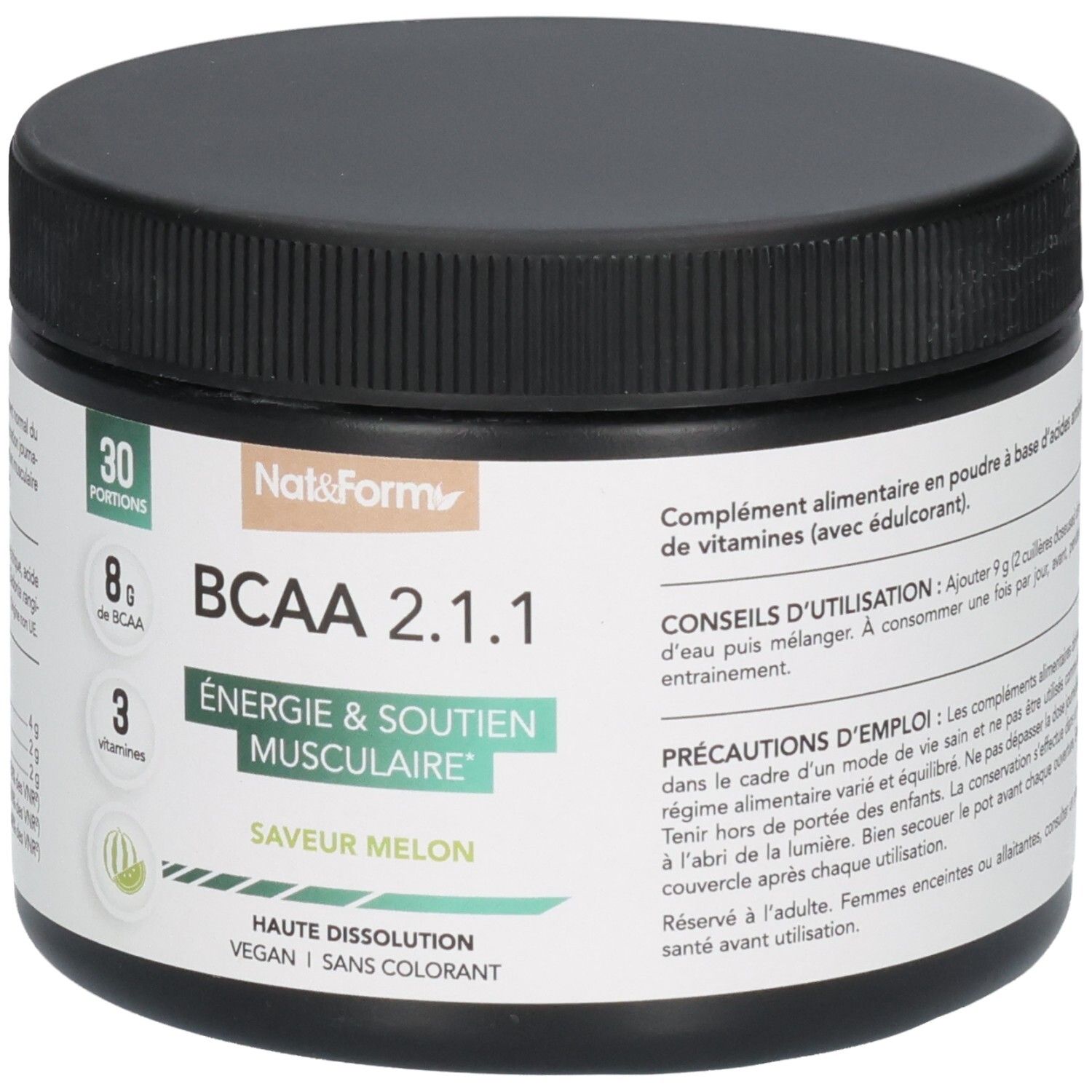 Poudre BCAA 2.1.1 Melon en pot noir, 30 portions, 8g BCAA, 3 vitamines, Énergie & Soutien Musculaire.