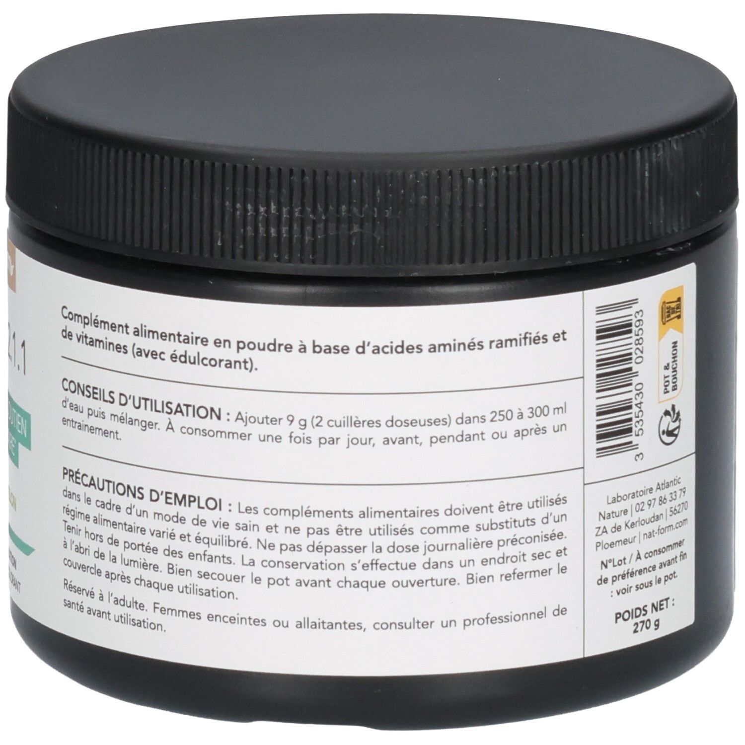 Arrière d'un pot de poudre BCAA 2.1.1 Melon avec conseils d'utilisation et précautions.