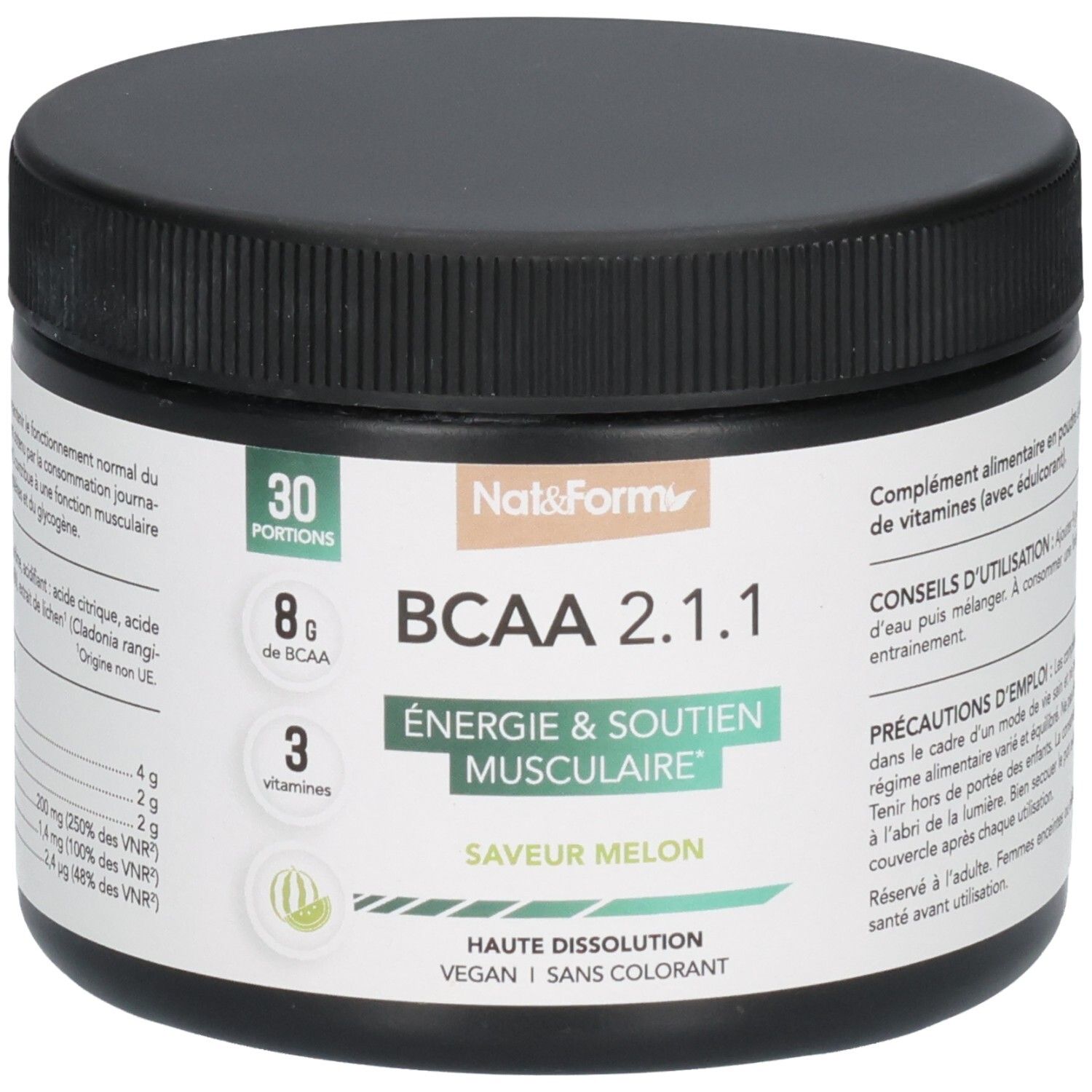 Poudre BCAA 2.1.1 Melon en pot noir, 30 portions, 8g BCAA, 3 vitamines, Énergie & Soutien Musculaire.