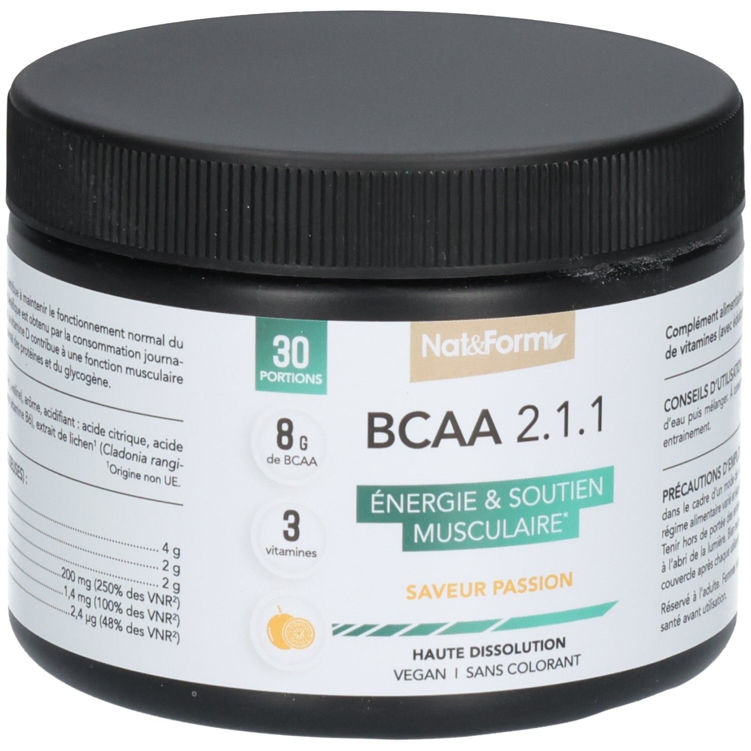 Pot noir de poudre BCAA 2.1.1, 30 portions, Énergie & Soutien Musculaire, Saveur Passion.