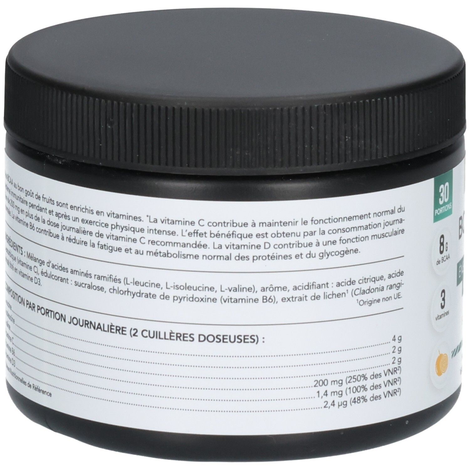 Arrière d'un pot noir de poudre BCAA 2.1.1, ingrédients et informations nutritionnelles.