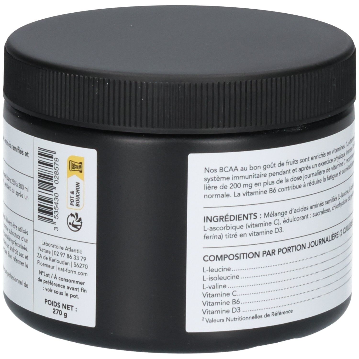 Côté d'un pot noir de poudre BCAA 2.1.1, code-barres et informations fabricant.