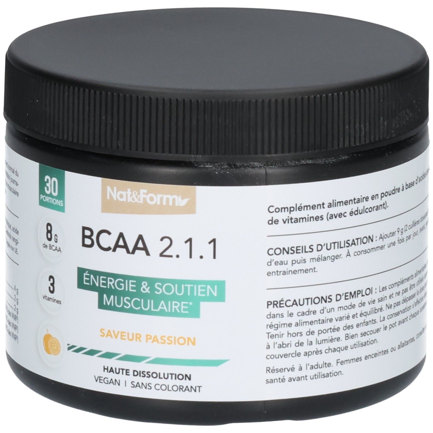 Avant d'un pot noir de poudre BCAA 2.1.1, 30 portions, Énergie & Soutien Musculaire.