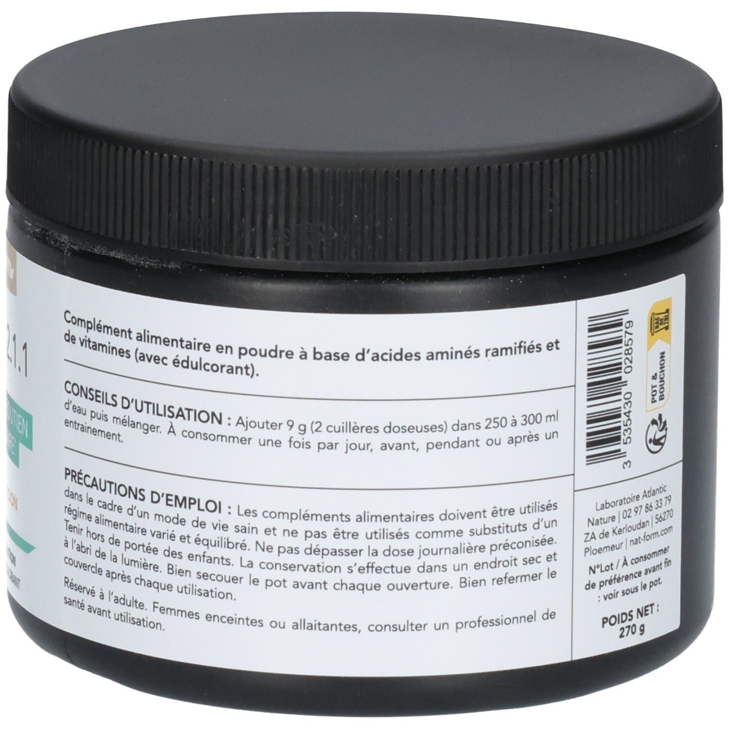 Vue latérale d'un pot noir de poudre BCAA 2.1.1, conseils d'utilisation et précautions.