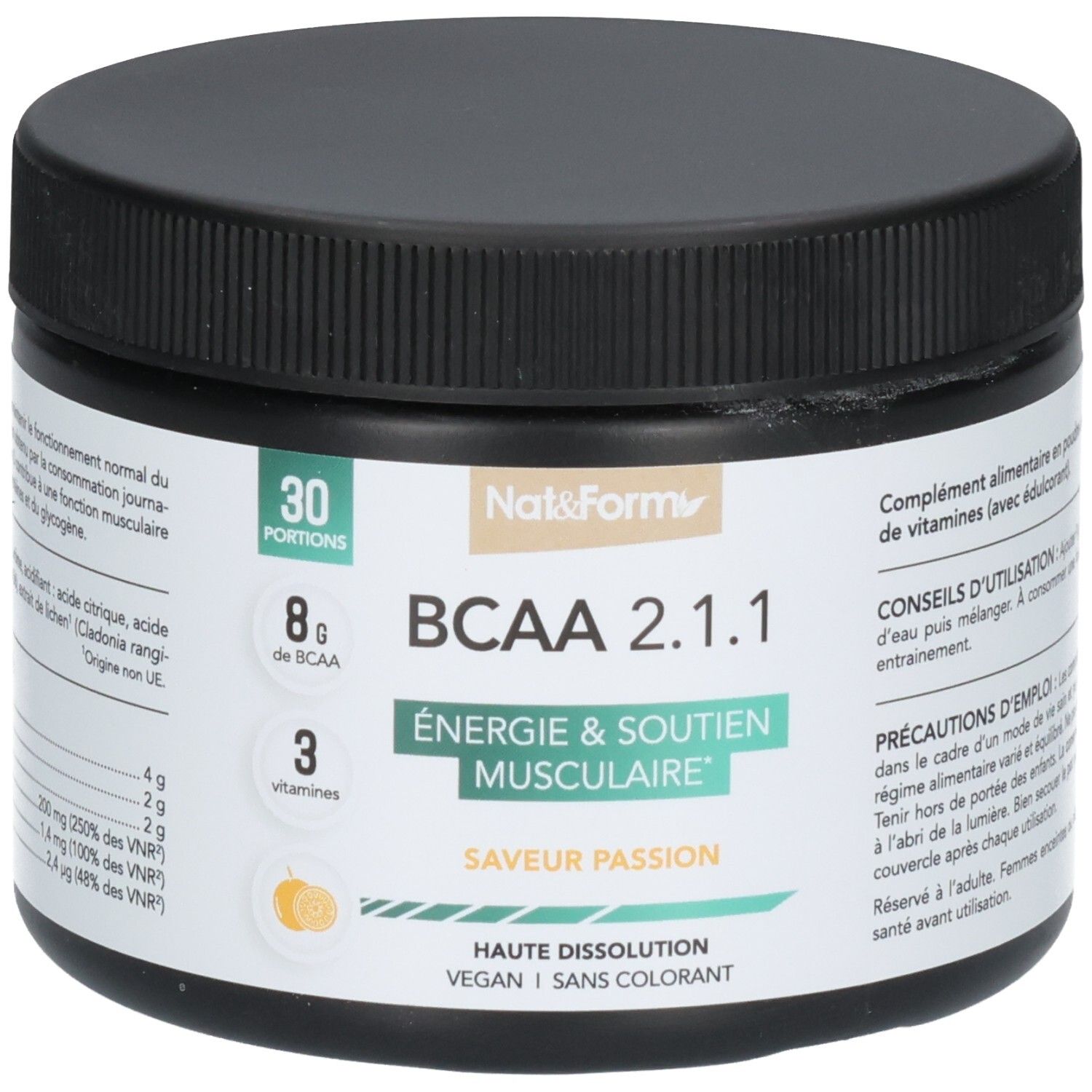 Pot noir de poudre BCAA 2.1.1, 30 portions, Énergie & Soutien Musculaire, vegan, sans colorant.